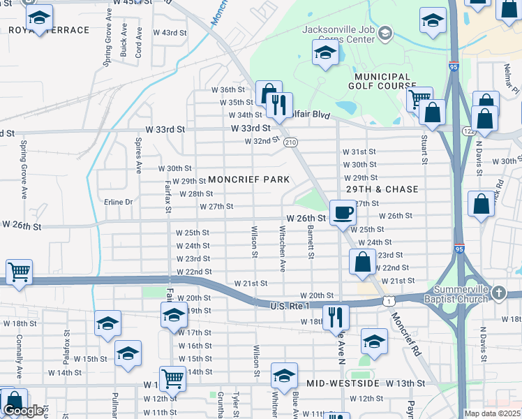 map of restaurants, bars, coffee shops, grocery stores, and more near 1522 West 26th Street in Jacksonville