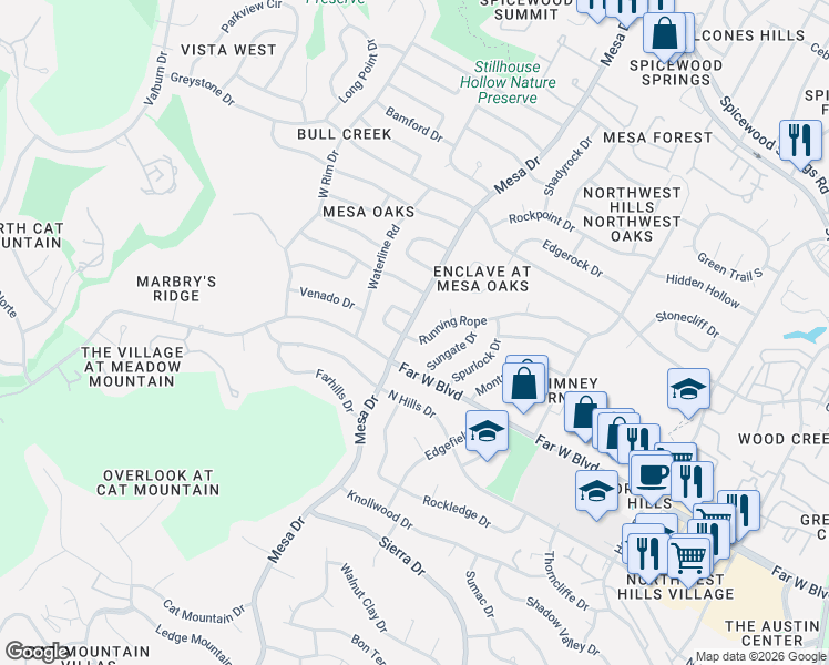 map of restaurants, bars, coffee shops, grocery stores, and more near 7107 Mesa Drive in Austin