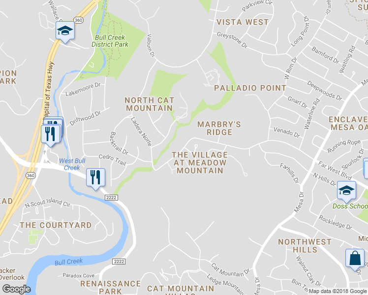 map of restaurants, bars, coffee shops, grocery stores, and more near 6607 Candle Ridge Drive in Austin