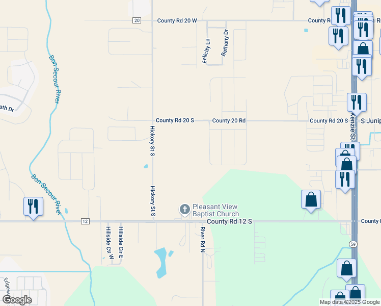 map of restaurants, bars, coffee shops, grocery stores, and more near 19200 County Road 20 South in Foley