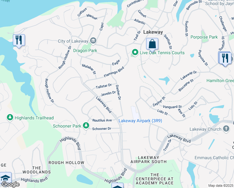 map of restaurants, bars, coffee shops, grocery stores, and more near 406 Dasher Drive in Lakeway