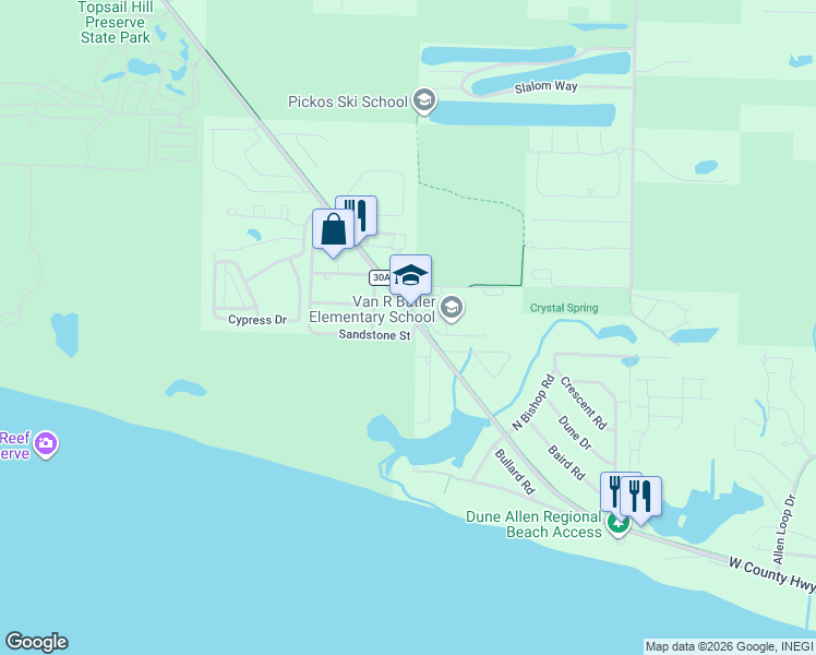 map of restaurants, bars, coffee shops, grocery stores, and more near 14 Loon Lake Drive in Santa Rosa Beach