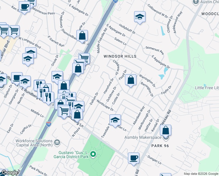 map of restaurants, bars, coffee shops, grocery stores, and more near 9800 Ochiltree Drive in Austin