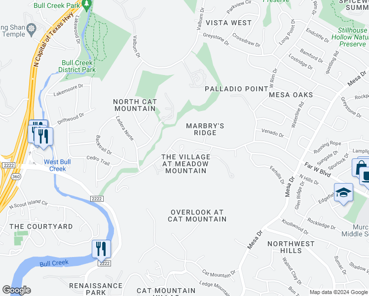 map of restaurants, bars, coffee shops, grocery stores, and more near 6617 Candleridge Cove in Austin