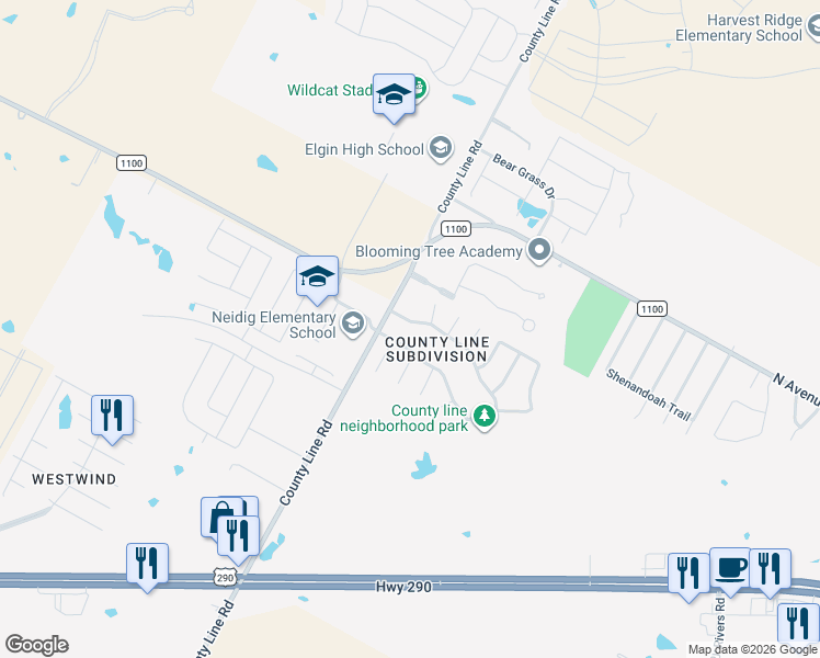 map of restaurants, bars, coffee shops, grocery stores, and more near 110 Blanco Woods Boulevard in Elgin
