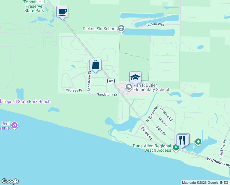 map of restaurants, bars, coffee shops, grocery stores, and more near 52 Sandstone Street in Santa Rosa Beach