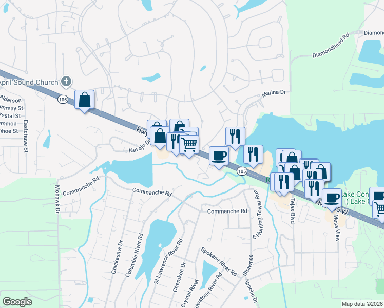 map of restaurants, bars, coffee shops, grocery stores, and more near 15831 Texas 105 in Montgomery