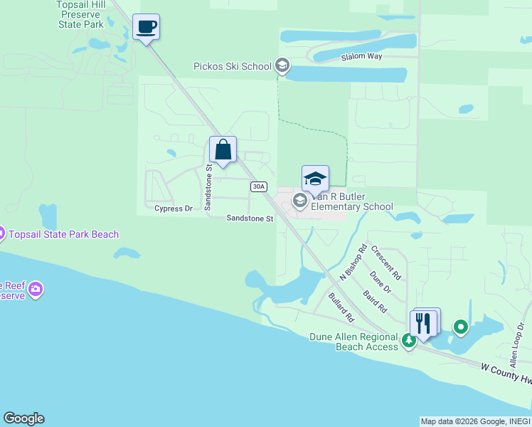 map of restaurants, bars, coffee shops, grocery stores, and more near 52 Sandstone Street in Santa Rosa Beach