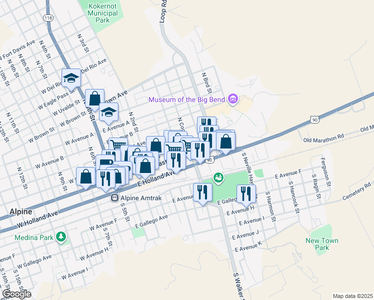 map of restaurants, bars, coffee shops, grocery stores, and more near 612 East Avenue East in Alpine