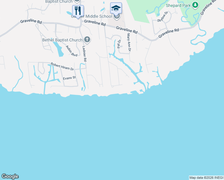 map of restaurants, bars, coffee shops, grocery stores, and more near 1913 Waters Edge Drive in Gautier