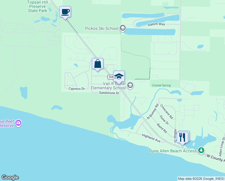 map of restaurants, bars, coffee shops, grocery stores, and more near 14 Loon Lake Drive in Santa Rosa Beach