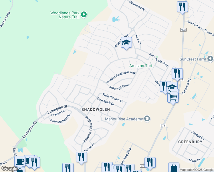 map of restaurants, bars, coffee shops, grocery stores, and more near 13605 Arbor Hill Cove in Manor