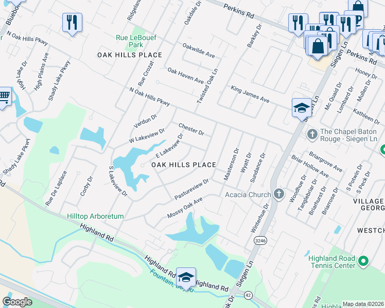 map of restaurants, bars, coffee shops, grocery stores, and more near in Oak Hills Place