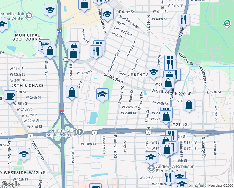 map of restaurants, bars, coffee shops, grocery stores, and more near 533 West 25th Street in Jacksonville