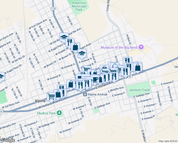 map of restaurants, bars, coffee shops, grocery stores, and more near 205 East Sul Ross Avenue in Alpine