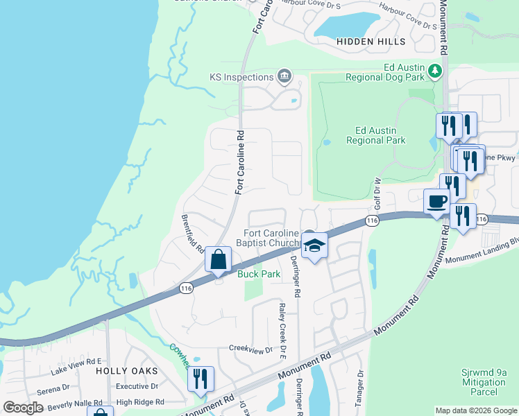 map of restaurants, bars, coffee shops, grocery stores, and more near 11285 Sawmill Road in Jacksonville