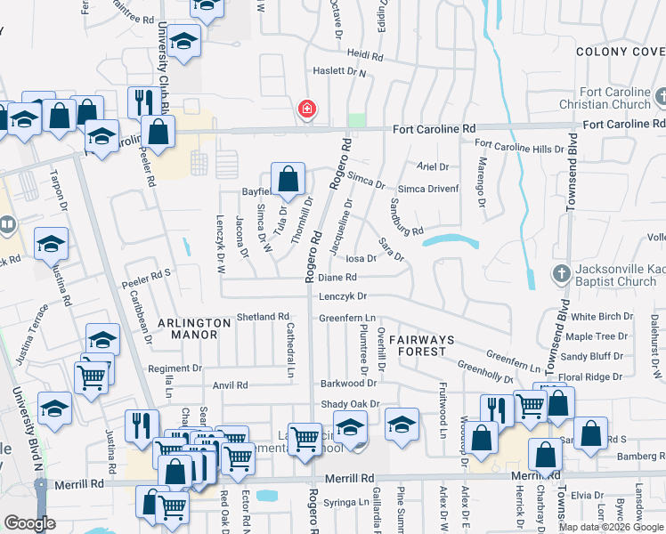 map of restaurants, bars, coffee shops, grocery stores, and more near 6606 Diane Road in Jacksonville