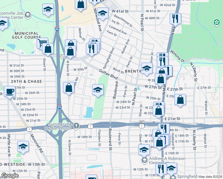 map of restaurants, bars, coffee shops, grocery stores, and more near 533 West 25th Street in Jacksonville