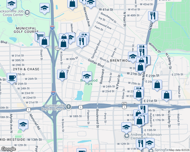 map of restaurants, bars, coffee shops, grocery stores, and more near 533 West 25th Street in Jacksonville