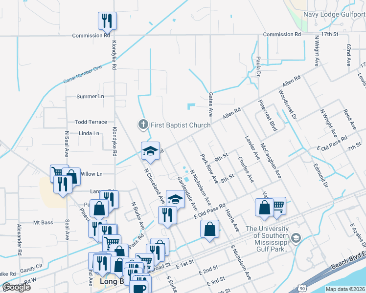 map of restaurants, bars, coffee shops, grocery stores, and more near 741 North Nicholson Avenue in Long Beach