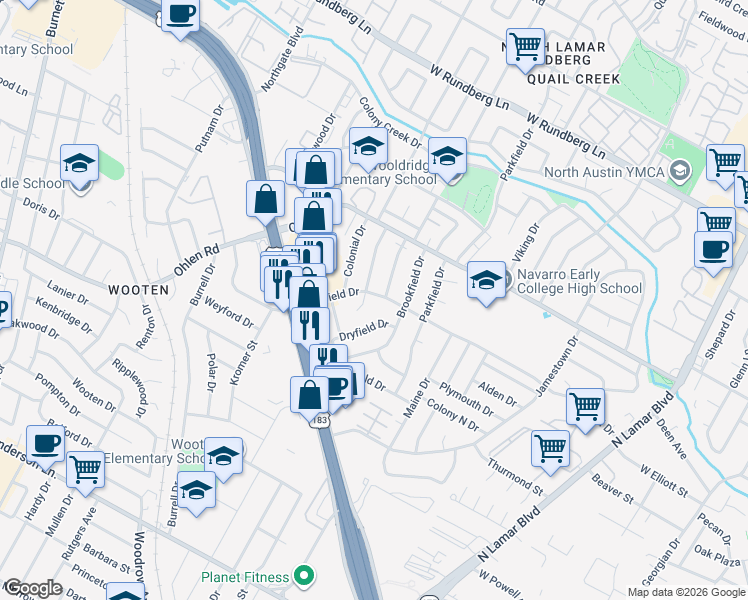 map of restaurants, bars, coffee shops, grocery stores, and more near 8520 Dryfield Drive in Austin