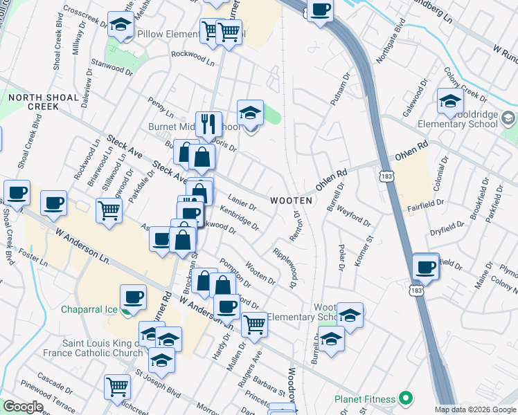 map of restaurants, bars, coffee shops, grocery stores, and more near 2103 Lanier Drive in Austin