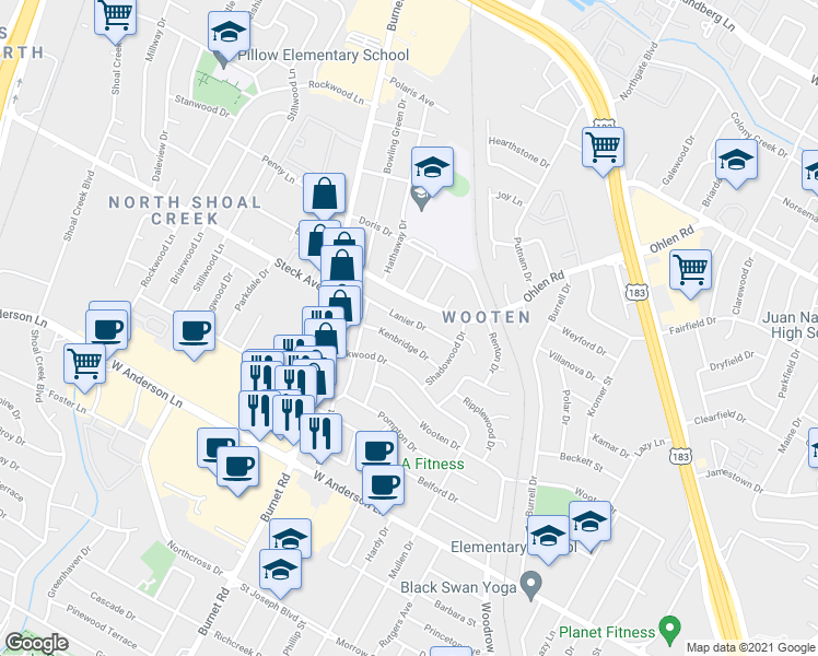 map of restaurants, bars, coffee shops, grocery stores, and more near 2113 Kenbridge Drive in Austin