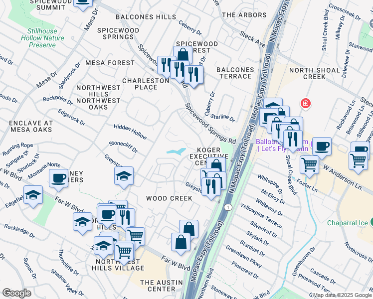 map of restaurants, bars, coffee shops, grocery stores, and more near 5 Austin Center Boulevard in Austin