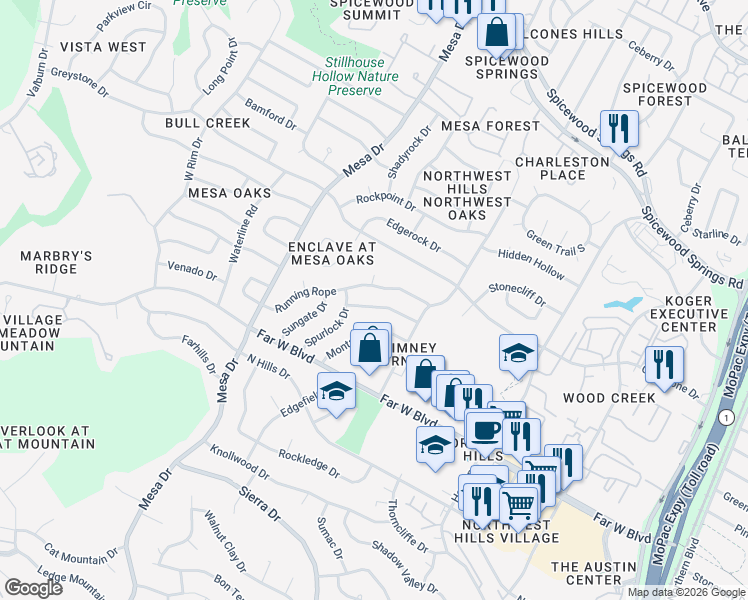 map of restaurants, bars, coffee shops, grocery stores, and more near 7209 Lamplight Lane in Austin