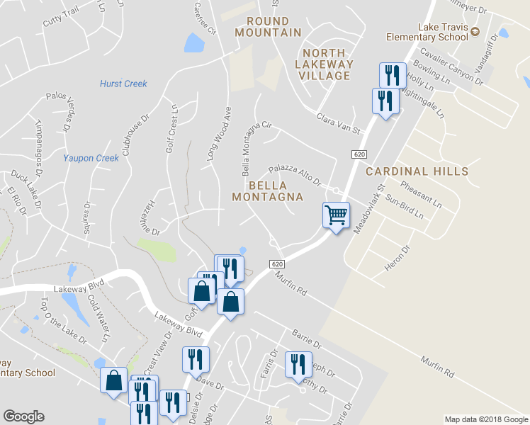 map of restaurants, bars, coffee shops, grocery stores, and more near 110 Bella Montagna Circle in Austin