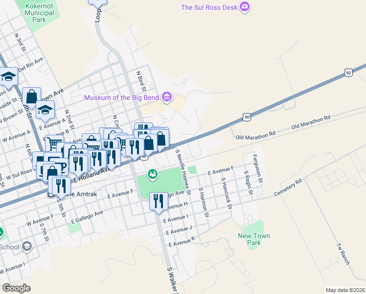 map of restaurants, bars, coffee shops, grocery stores, and more near 101-245 South Lackey Street in Alpine