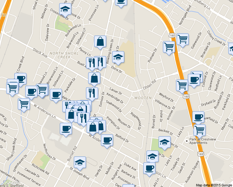 map of restaurants, bars, coffee shops, grocery stores, and more near 2201 Lanier Drive in Austin