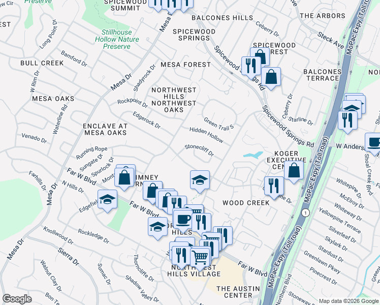 map of restaurants, bars, coffee shops, grocery stores, and more near 7503 Stonecliff Circle in Austin