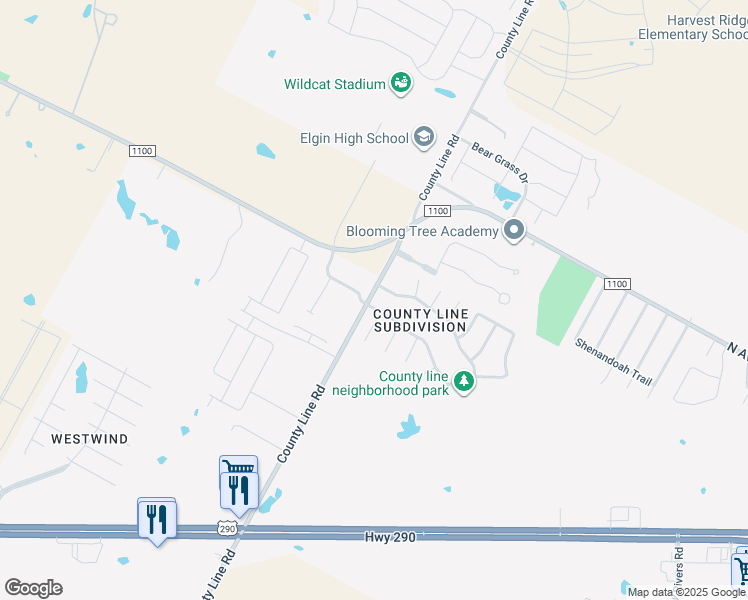 map of restaurants, bars, coffee shops, grocery stores, and more near 106 Burnet Forest Cove in Elgin