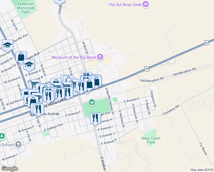 map of restaurants, bars, coffee shops, grocery stores, and more near 101 Tom Lackey Lane in Alpine
