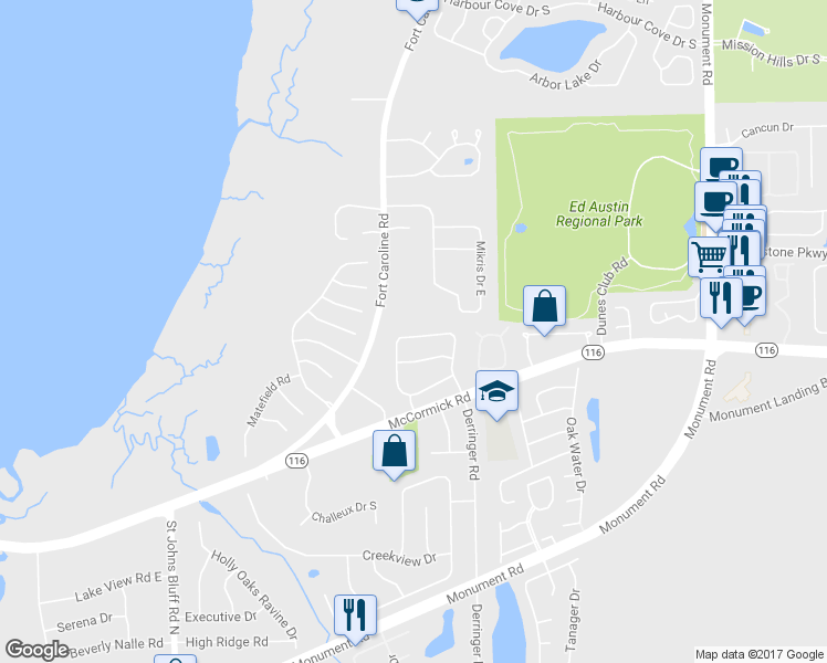 map of restaurants, bars, coffee shops, grocery stores, and more near 11285 Sawmill Road in Jacksonville