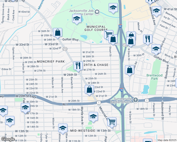 map of restaurants, bars, coffee shops, grocery stores, and more near 1250 West 27th Street in Jacksonville