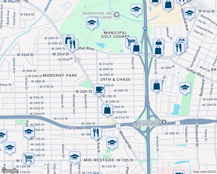 map of restaurants, bars, coffee shops, grocery stores, and more near 1266 West 26th Street in Jacksonville
