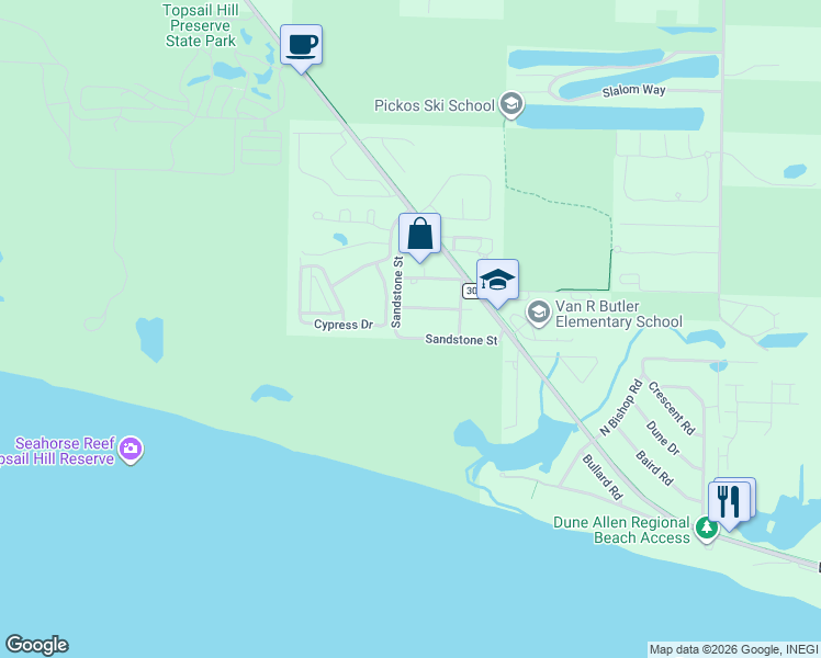map of restaurants, bars, coffee shops, grocery stores, and more near 97 Grande Avenue in Santa Rosa Beach