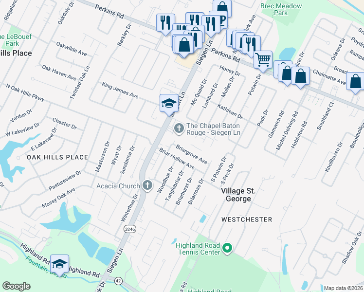 map of restaurants, bars, coffee shops, grocery stores, and more near 13155 Briargrove Avenue in Baton Rouge