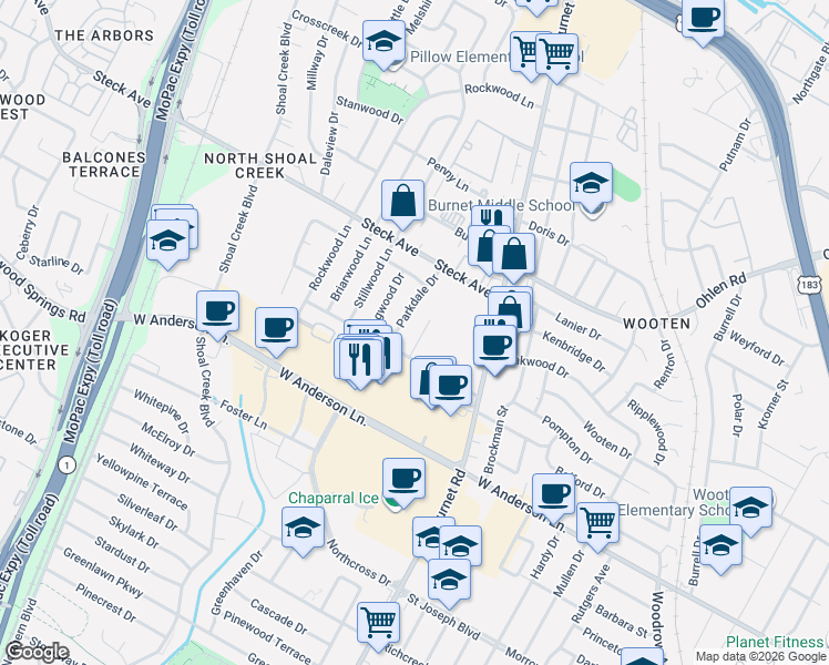 map of restaurants, bars, coffee shops, grocery stores, and more near 8012 Pinedale Cove in Austin