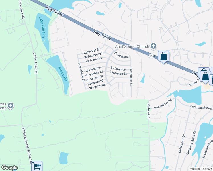 map of restaurants, bars, coffee shops, grocery stores, and more near 16855 Kempwood in Montgomery