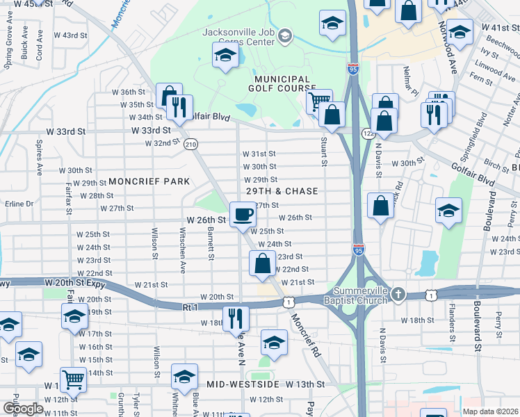 map of restaurants, bars, coffee shops, grocery stores, and more near 1262 West 28th Street in Jacksonville