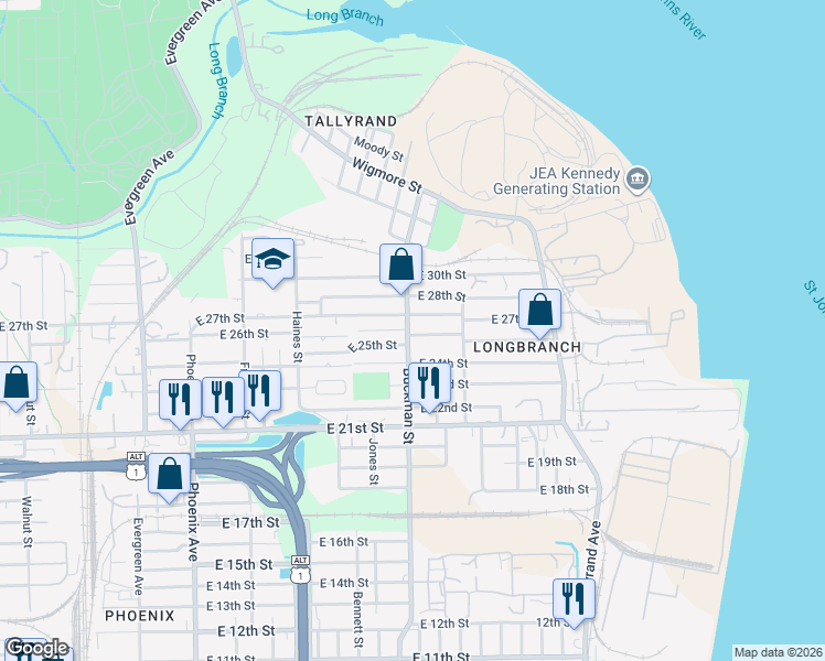 map of restaurants, bars, coffee shops, grocery stores, and more near 1623 East 27th Street in Jacksonville