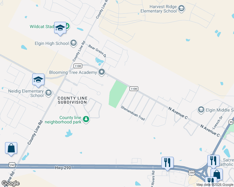 map of restaurants, bars, coffee shops, grocery stores, and more near 1490 North Avenue C in Elgin