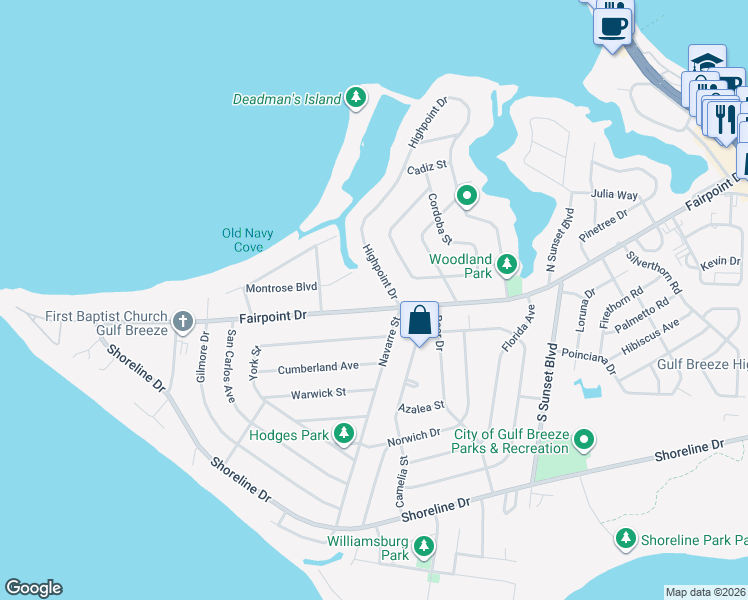 map of restaurants, bars, coffee shops, grocery stores, and more near 137 Highpoint Drive in Gulf Breeze