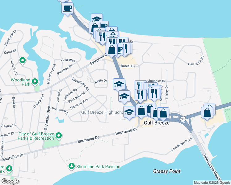 map of restaurants, bars, coffee shops, grocery stores, and more near 549 Gulf Breeze Parkway in Gulf Breeze