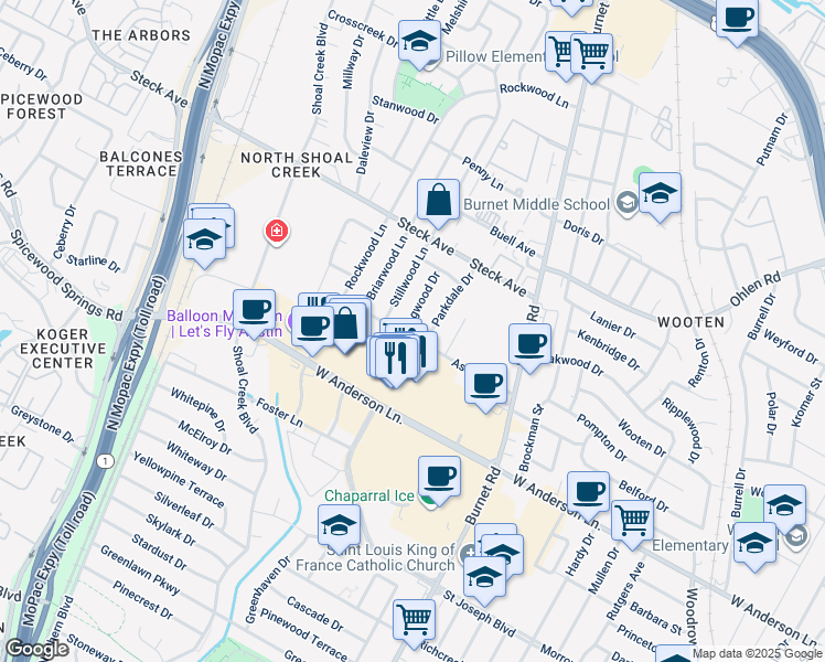 map of restaurants, bars, coffee shops, grocery stores, and more near 8001 Logwood Drive in Austin