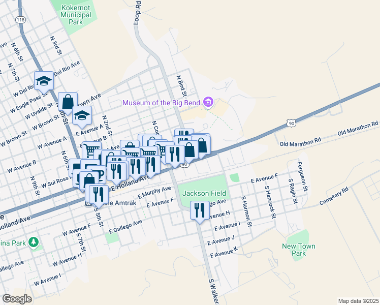 map of restaurants, bars, coffee shops, grocery stores, and more near 101 North Harrison Street in Alpine