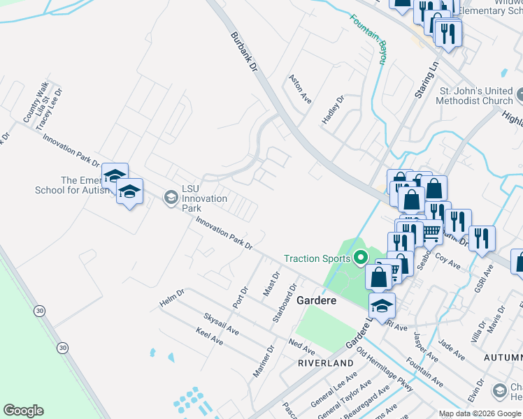 map of restaurants, bars, coffee shops, grocery stores, and more near 8153 Cheniere Avenue in Baton Rouge
